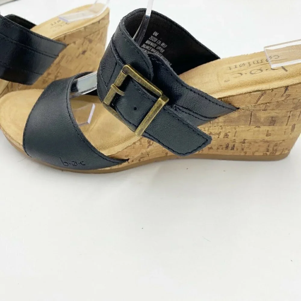 b.o.c. Comfort Black Double Strap Cork Wedges Buckle Slip-on Size 8M